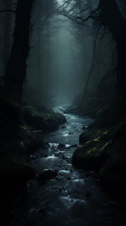 A Stream Running Through a Dark Forest Filled With Rocksの素材