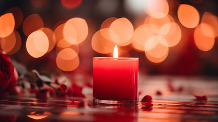 A vibrant red candle illuminating a wooden tableの素材