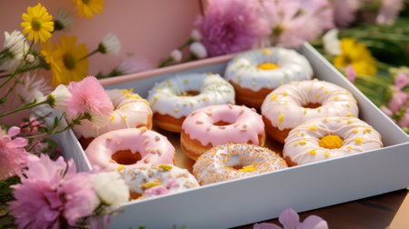 A box filled with lots of different flavored donutsの素材