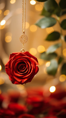 A red rose hanging from a gold chainの素材