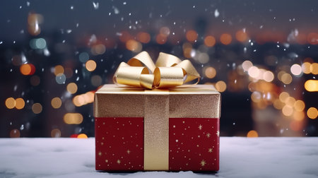 A red and gold gift box with a gold bowの素材