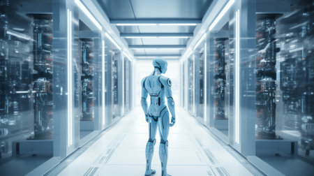 Robot Walking Through a High-Tech Server Roomの素材