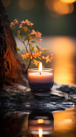 A Serene Candle Illuminating a Stoneの素材