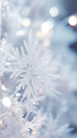 A close up of a snowflake on a christmas treeの素材