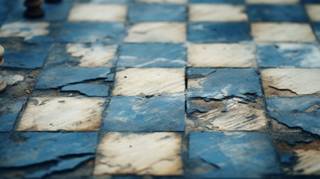 A detailed view of a patterned blue and white tile floorの素材