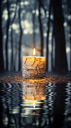 Illuminated Candle Reflecting on a Water Puddleの素材
