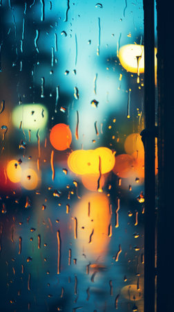 A Window With Rain Drops on It and a Street Light in the Backgroundの素材