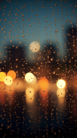 Rain Drops on a Window with City Lights in the Backgroundの素材