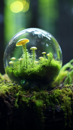 A Tranquil Glass Ball Resting on a Bed of Mossの素材