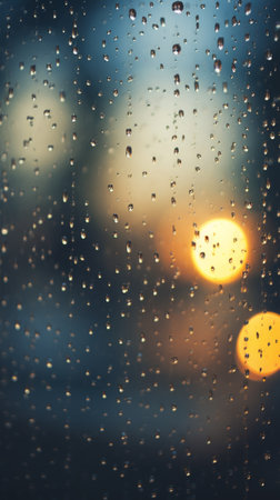 Rain Drops on a Window with a Street Light in the Backgroundの素材