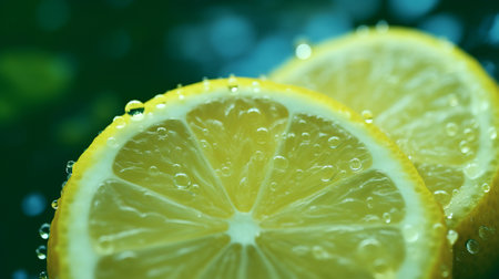 A close up of two lemons with water dropletsの素材