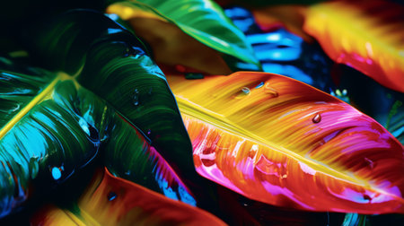A bunch of colorful leaves with drops of water on themの素材