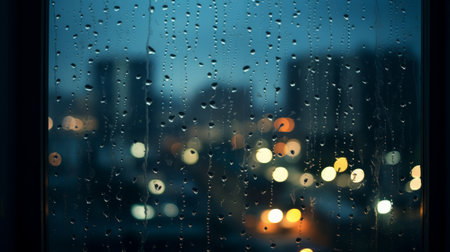 Raindrops on a Window with a Cityscape in the Backgroundの素材