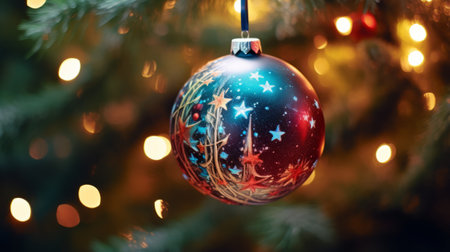 A christmas ornament hanging from a christmas treeの素材