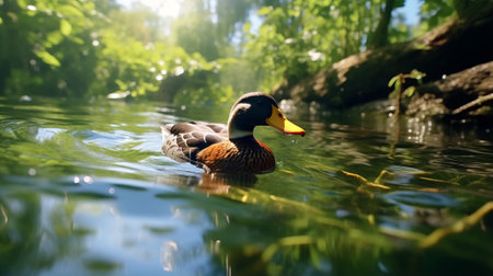 A duck floating on top of a body of waterの素材