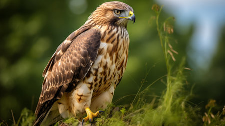 A Majestic Bird Perched on a Verdant Landscapeの素材