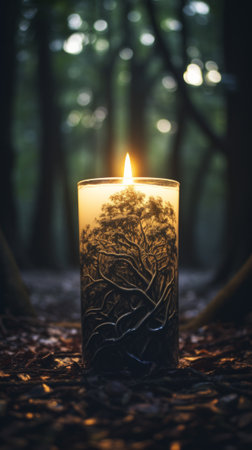 A Serene Candle Illuminating a Rustic Outdoors Sceneの素材