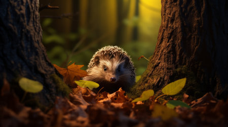 A hedgehog in a forest surrounded by leavesの素材