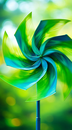 A close up of a green pinwheel on a stickの素材