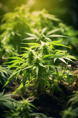 Close-Up of a Marijuana Plant in a Fieldの素材