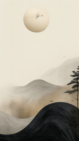 A painting of a landscape with a tree and a moon in the skyの素材