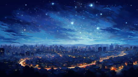 A breathtaking city skyline illuminated by a starry night skyの素材