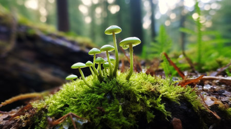 Group of Mushrooms on a Moss-Covered Logの素材