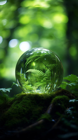 A glass ball sitting on top of a moss covered groundの素材
