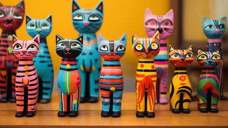 Group of Cat Figurines on Wooden Tableの素材