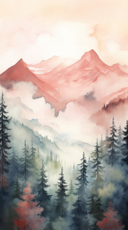 A scenic landscape painting with majestic mountains and lush treesの素材