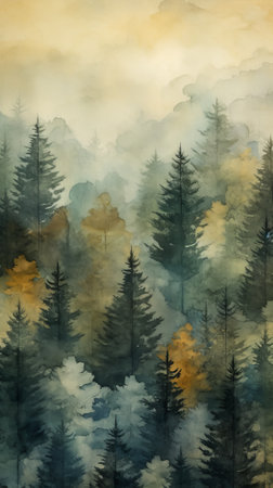 A vibrant landscape of a dense forest with towering treesの素材