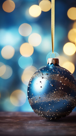 A Festive Blue Christmas Ornament Adorning a Wooden Tableの素材