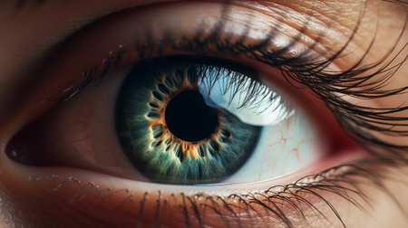 A close up of a persons blue eyeの素材