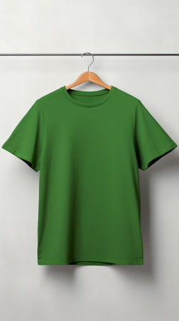 A green t - shirt hanging on a hangerの素材