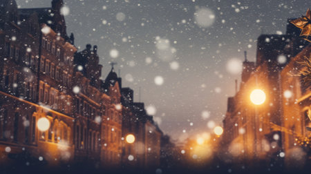 Beautiful blurred street of festive night or evening city with snowfall and Christmas lightsの素材