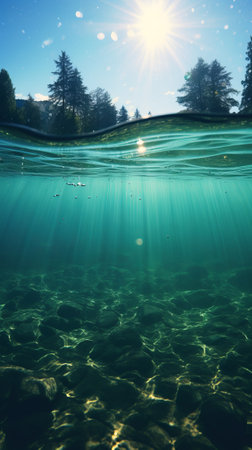 A serene underwater scene with sunlight filtering through the waters surfaceの素材
