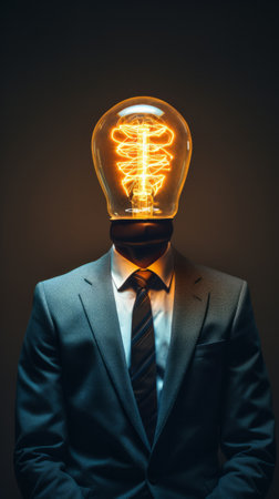 A Man in a Suit With a Light Bulb on His Headの素材