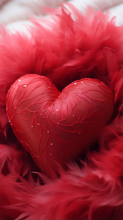 A red heart with feathers on a white blanketの素材