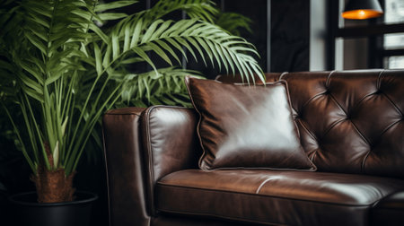 A brown leather couch sitting next to a potted plantの素材