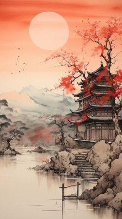 Chinese Landscape with a Red Treeの素材
