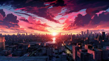 A breathtaking cityscape at sunset with a shimmering waterfrontの素材