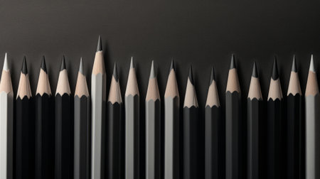 A row of pencils lined up against a wallの素材