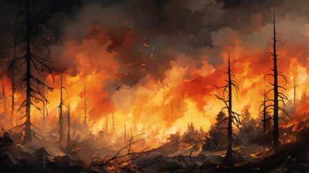 A painting of a forest filled with lots of fireの素材