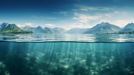 An underwater view of the ocean with mountains in the backgroundの素材