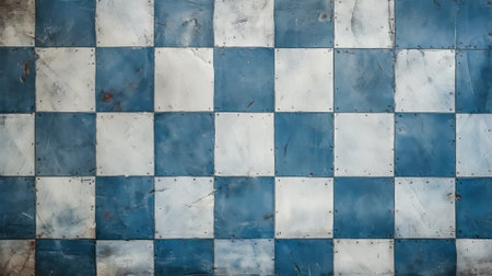 A patterned wall with blue and white checkered tilesの素材