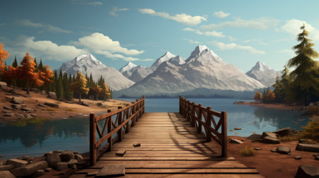 A Painting of a Bridge Over a Lake With Mountains in the Backgroundの素材