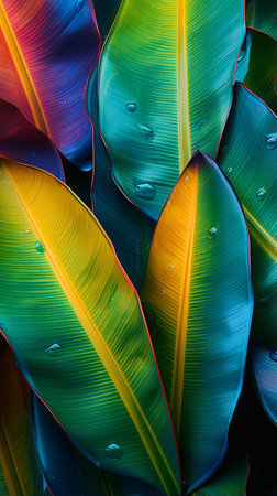 A close up of a green leaf with drops of water on itの素材