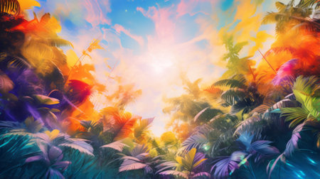 A painting of the sun shining through the treesの素材