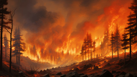 A painting of a fire burning in a forestの素材