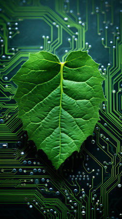 A green leaf on top of a circuit boardの素材